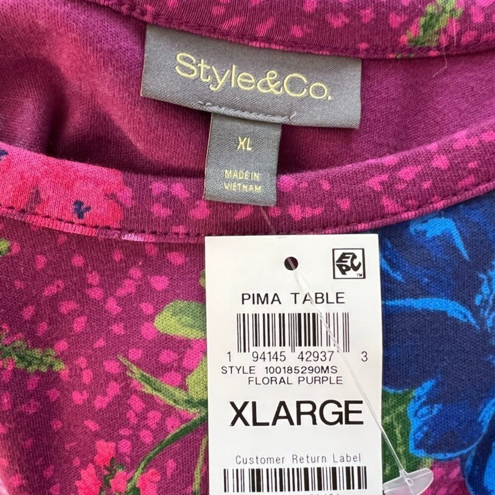 Style & Co Long Sleeve Tee Shirt Women's XL Floral on Purple Boat Neck 3/4 Sleev - Picture 9 of 13